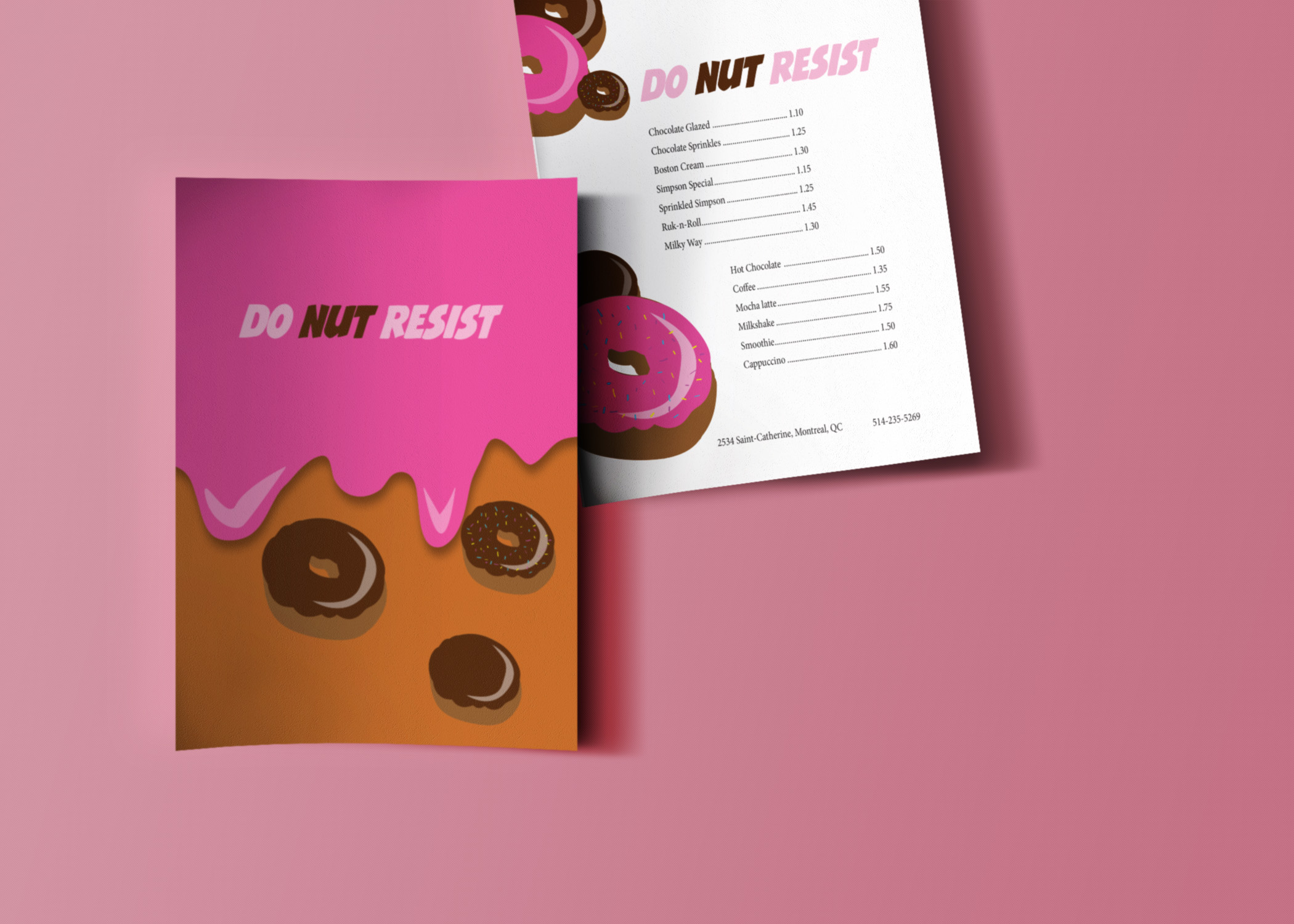 For this fun assignment, we had to make a menu for a store that we invent, name it something catchy and make a menu for it. “Donut resist” in other words “Do-not resist” because donuts always get the best of you. Something challenging was drawing different types of donuts was a bit difficult but finding the right name was harder. 